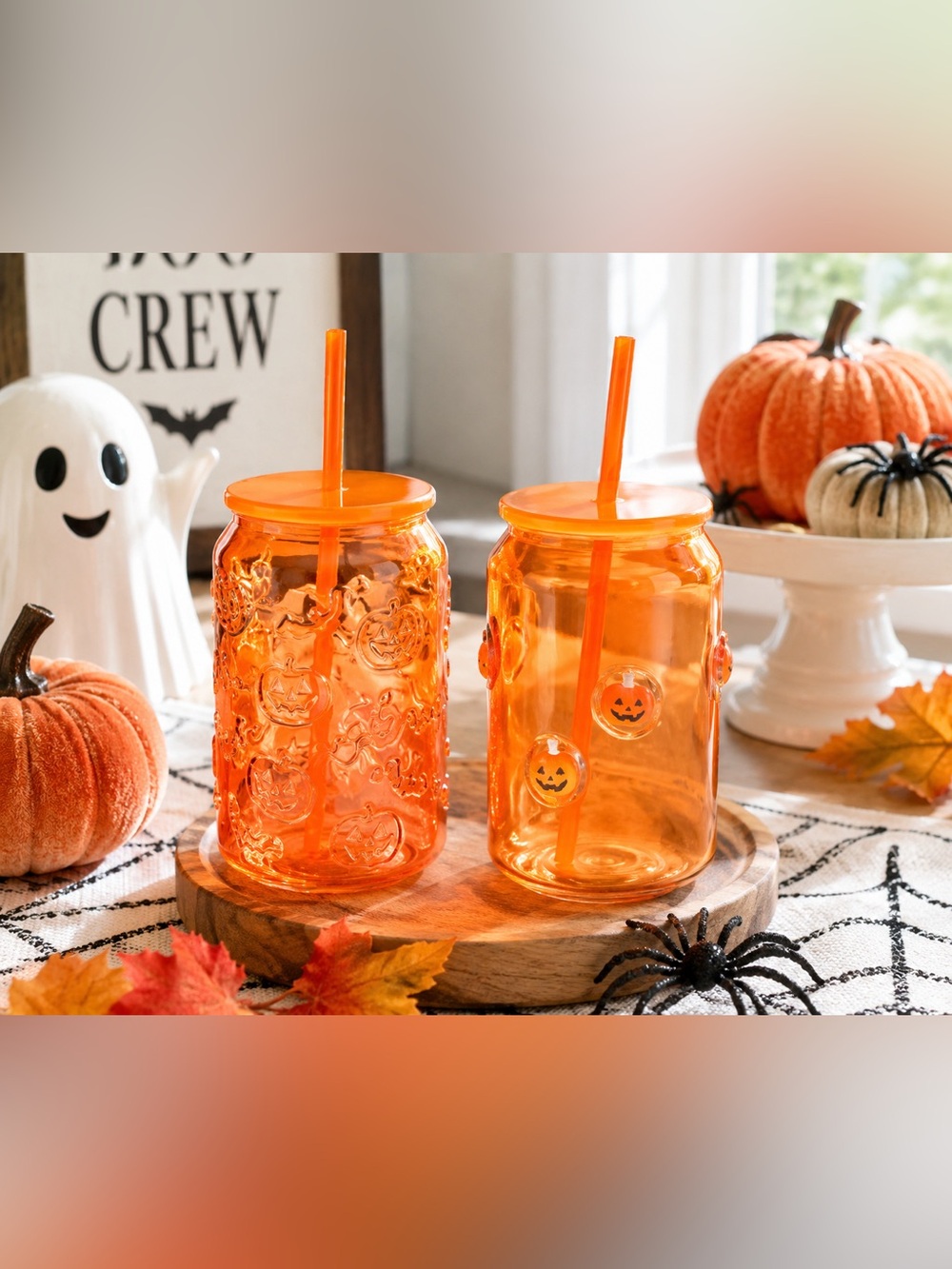 Orange Pumpkin Jack O Lantern Halloween Glass Tumblers Set of 2